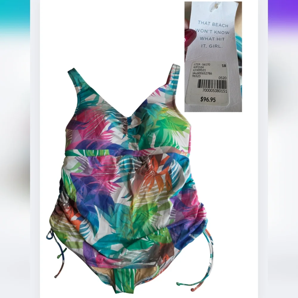 NWT Cacique Swim 18W Rainbow Leaf One Piece Tankini Swimsuit 2743-i